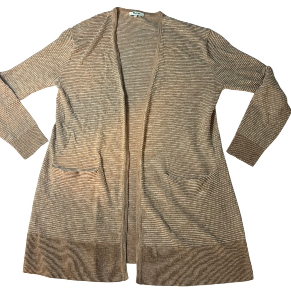 Madewell Beige and White Striped Long Cardigan with pockets